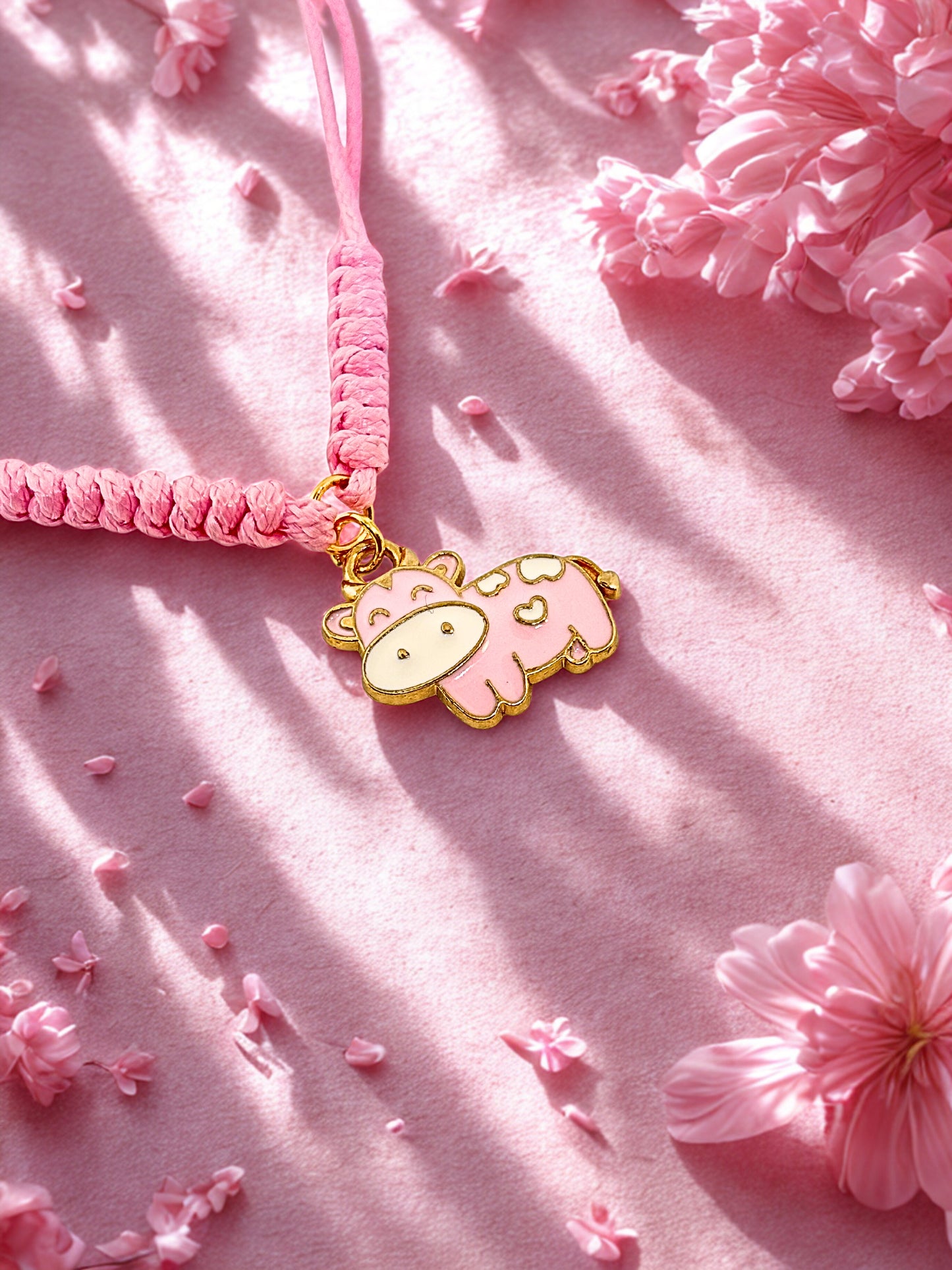 Pink cord bracelet with a pink cow charm on a pink background