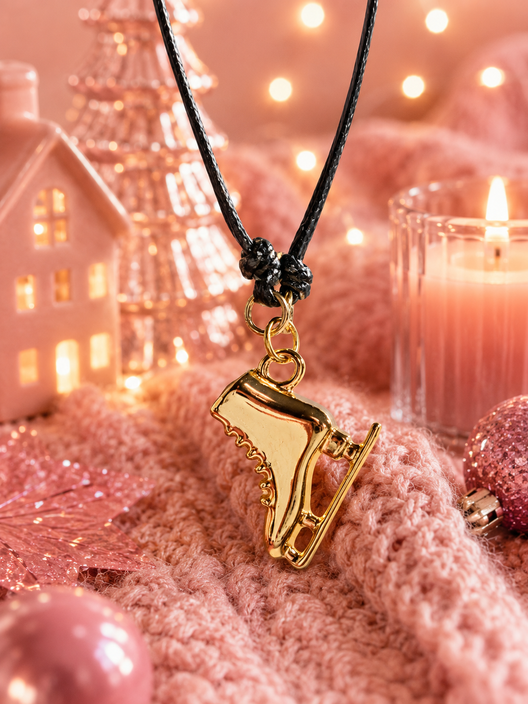 A gold ice skate charm bracelet on a black cord, styled on a pink knit blanket with warm holiday lights, a miniature house, and pink ornaments in the background.