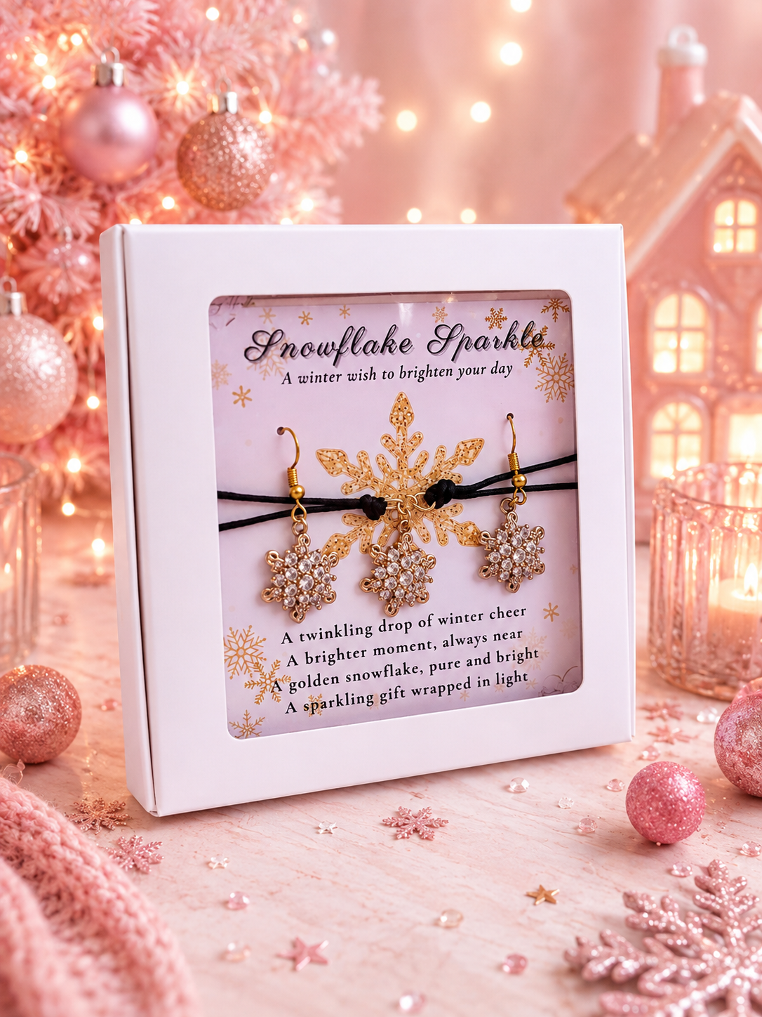 A boxed pair of dangling snowflake earrings and matching cord bracelet displayed in a white gift box with a clear front window. The earrings have gold-tone snowflake charms covered in small clear rhinestones, hanging from black elastic bands.