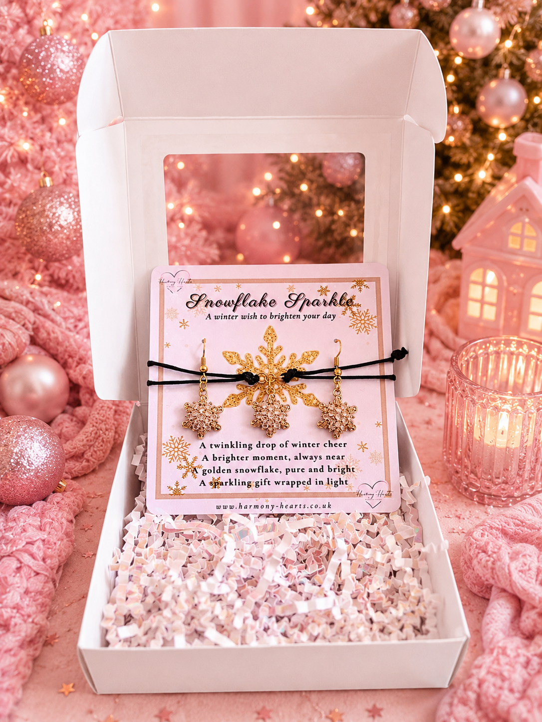 A gift box containing a pair of gold snowflake earrings and matching bracelet on a branded display card, surrounded by pink shredded paper and cozy holiday decor including a knitted scarf, ornaments, and a candle.