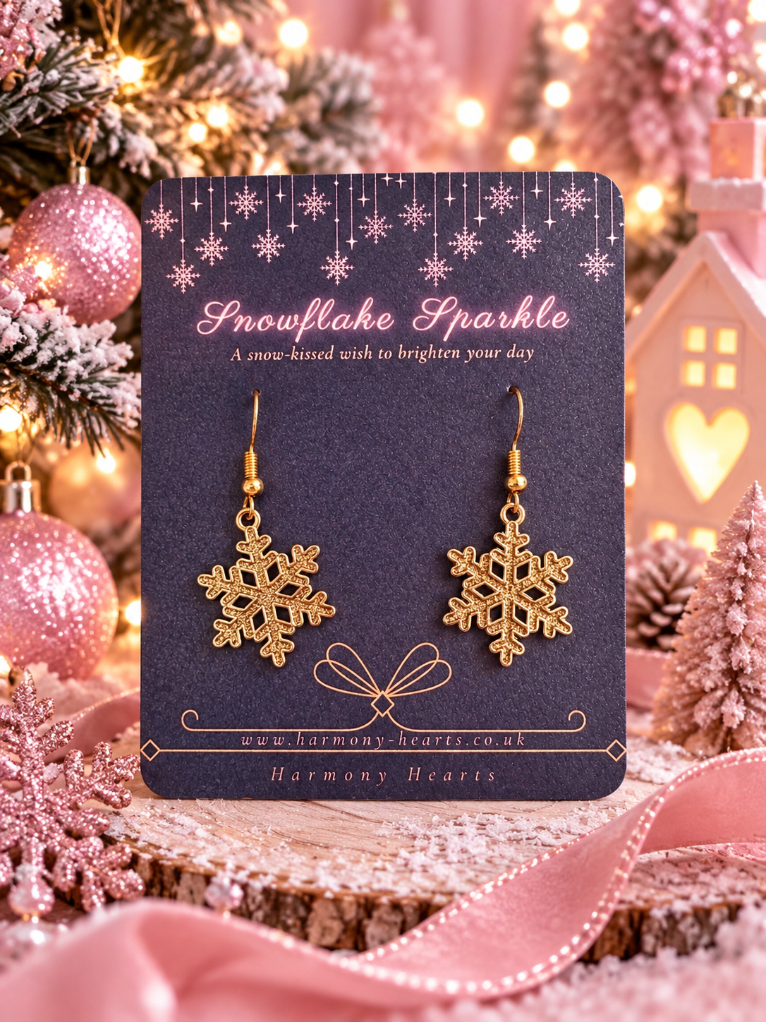 A pair of gold-toned snowflake drop earrings displayed on a dark purple card labeled 'Snowflake Sparkle' with the brand Harmony Hearts, set against a festive Christmas background with pink ornaments, lights, and ribbon.