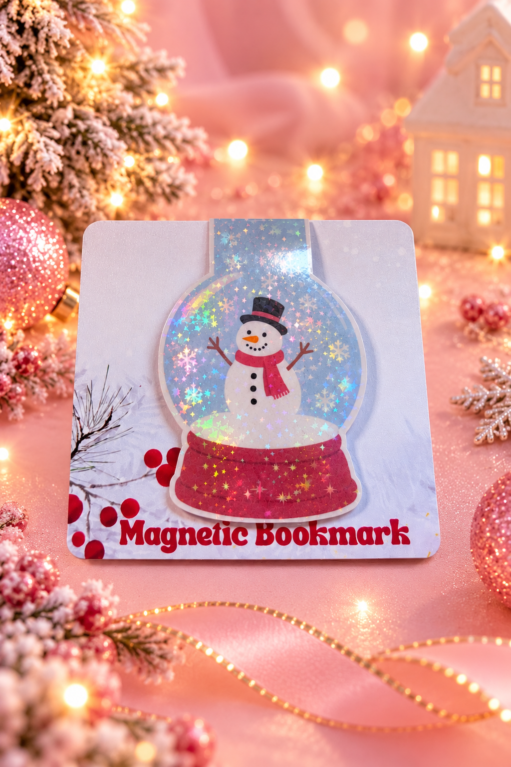 A Christmas-themed magnetic bookmark featuring a snow globe design with a snowman, red glitter base, and the words 'Magnetic Bookmark' on a white card, styled on a pink holiday surface with lights and ornaments.