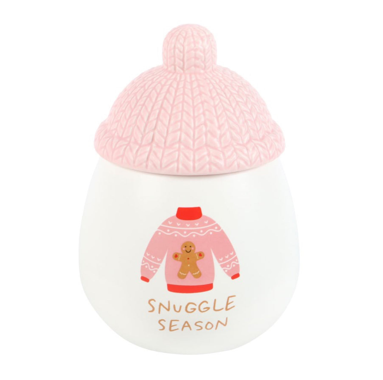 White oil burner with pink bobble hat lid. Gingerbread man on a jumper image on the front