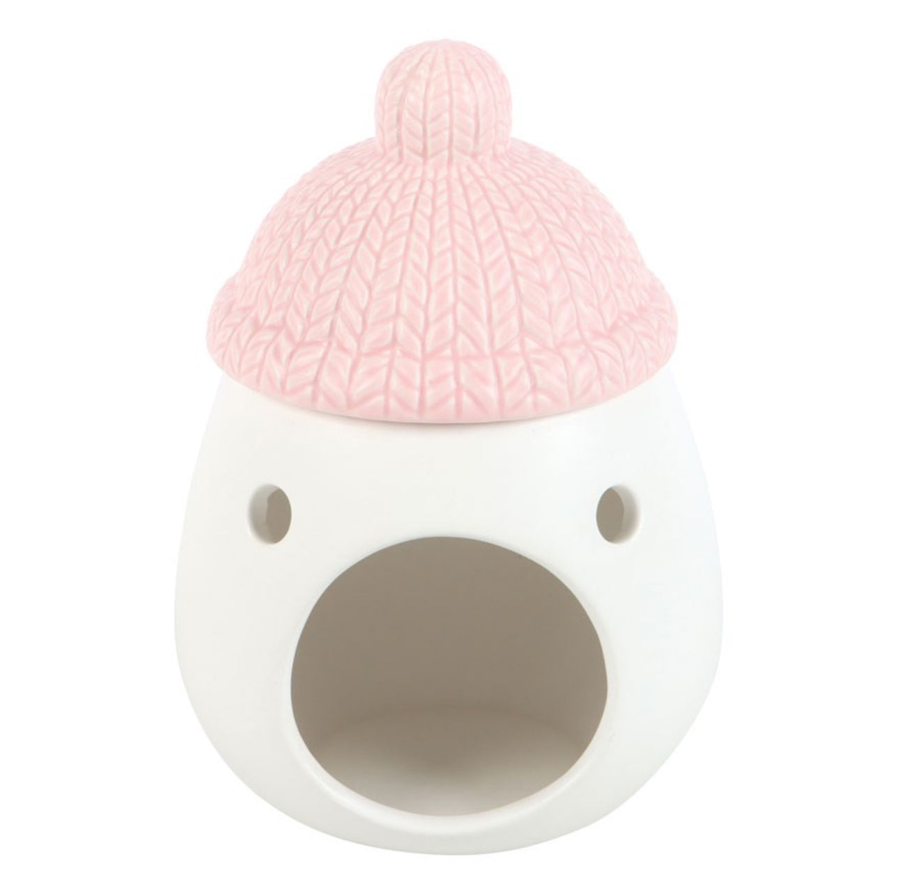 Pink and white oil burner with bobble hat from reverse side