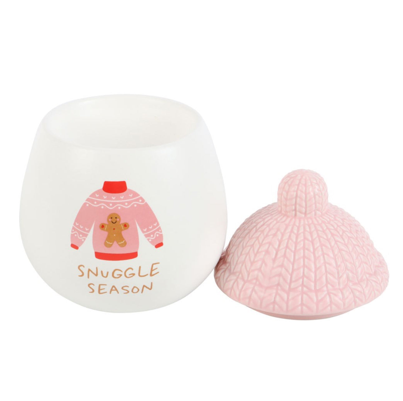White oil burner with bobble hat lid  Image of a jumper on the front with gingerbread man