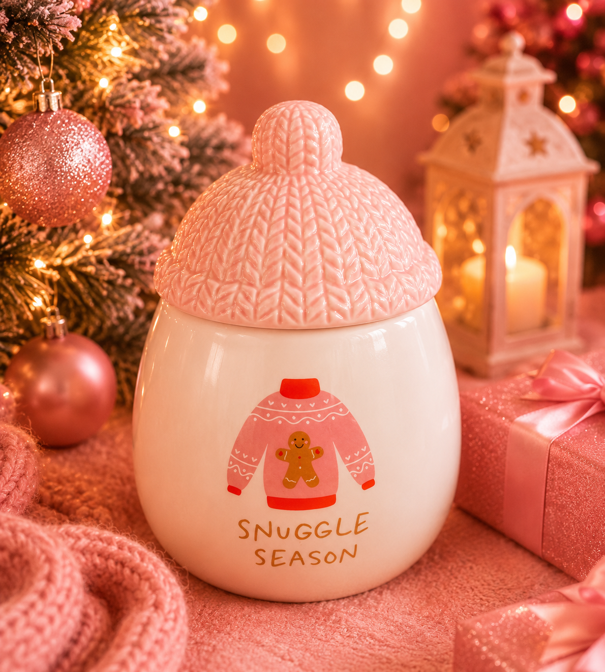 A white ceramic jar with a pink knitted beanie lid and a gingerbread sweater graphic, labeled 'SNUGGLE SEASON,' styled on a pink surface with Christmas ornaments, a lantern, and wrapped gifts in the background.