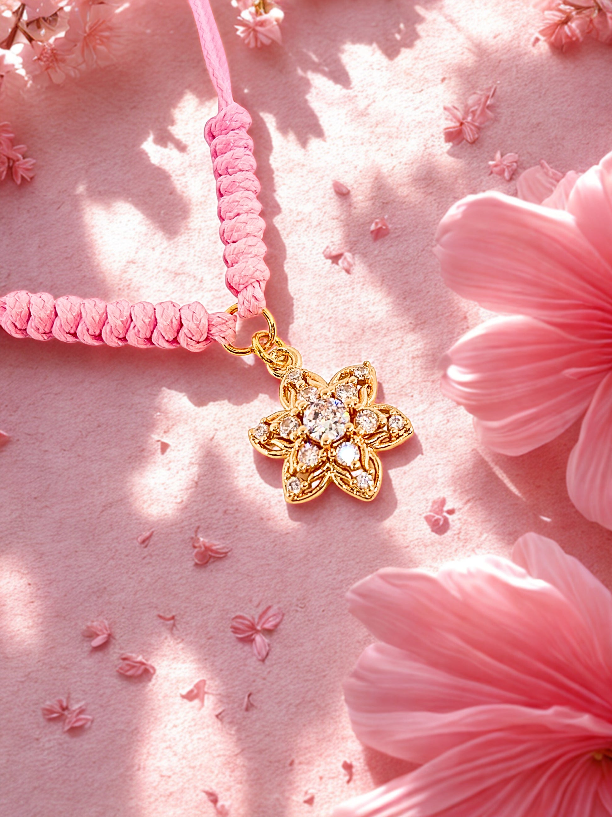 Pink cord with a gold flower-shaped charm on a pink floral background