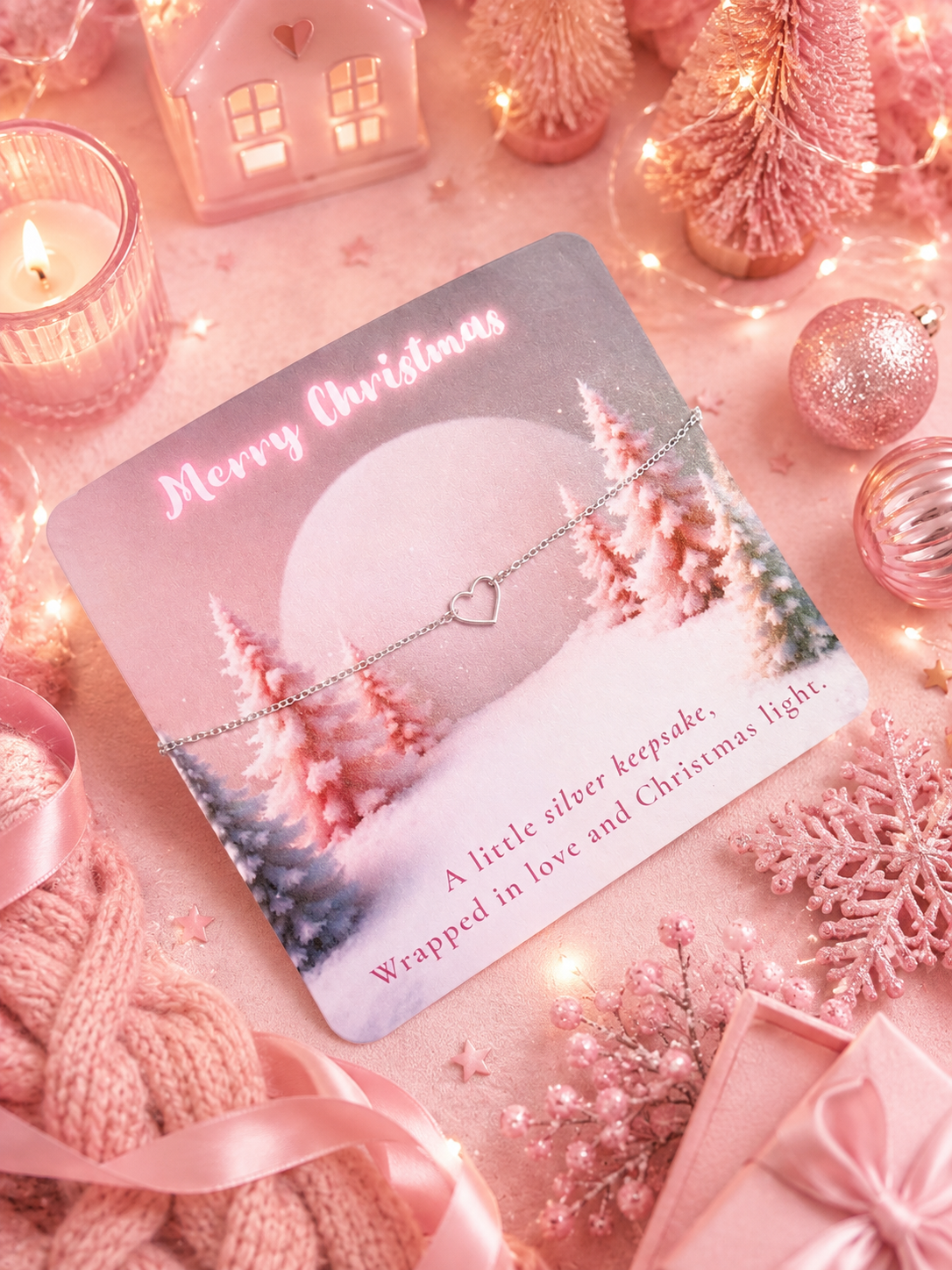 A delicate silver heart-shaped keepsake bracelet displayed on a pink Christmas-themed card, surrounded by festive decorations including a candle, miniature trees, ornaments, and ribbons in soft pink tones.