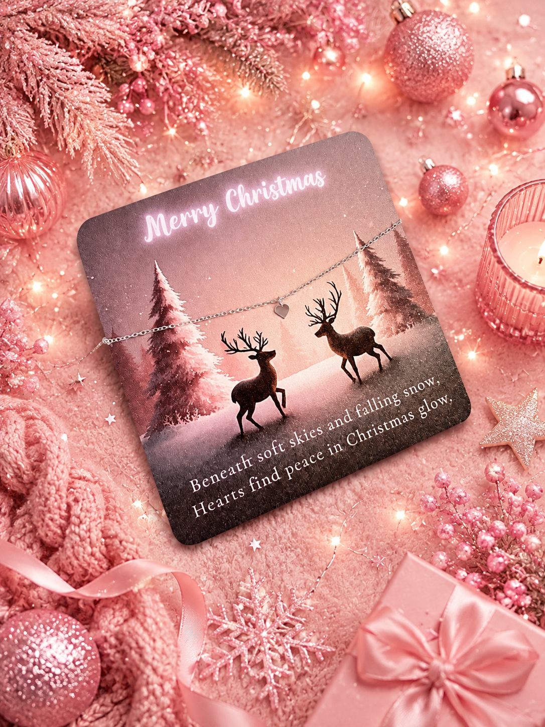 A silver bracelet with a heart charm on a square Christmas gift card featuring a winter forest scene with two deer under a string of lights and the text 'Merry Christmas' and a quote, styled on a pink holiday background with ornaments, ribbons, and a gift box.