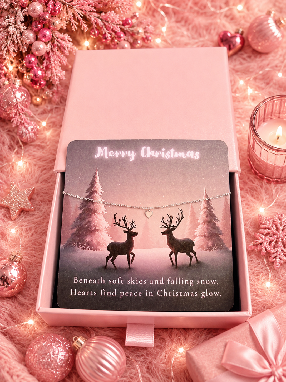A delicate silver heart bracelet displayed on a Christmas-themed card inside a pink gift box, surrounded by pink holiday decorations, ornaments, and a lit candle.