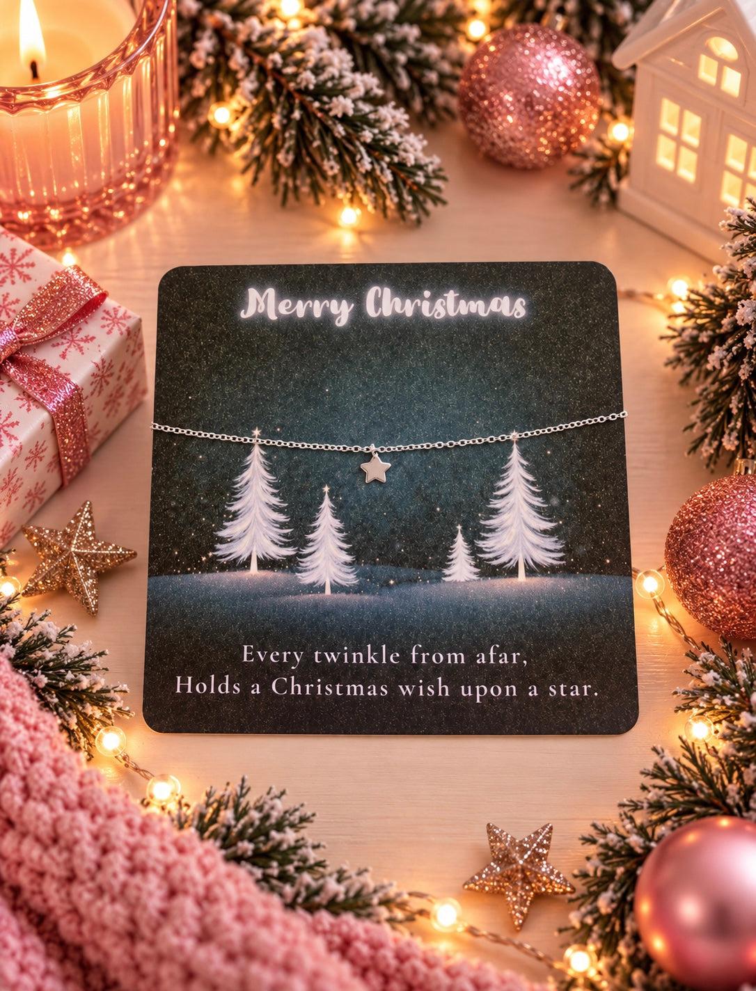 A delicate silver Christmas star bracelet displayed on a dark glittery card that reads 'Merry Christmas' and 'Every twinkle from afar. Holds a Christmas wish upon a star.
