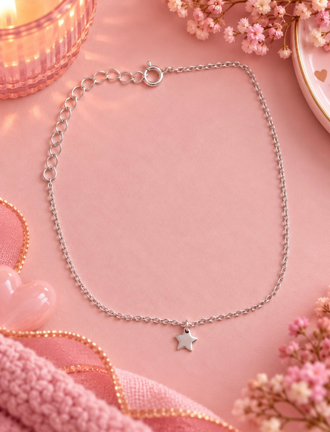 A delicate silver chain bracelet with a small star charm, styled on a pink background with pink flowers, a pink candle, and soft decorative props.