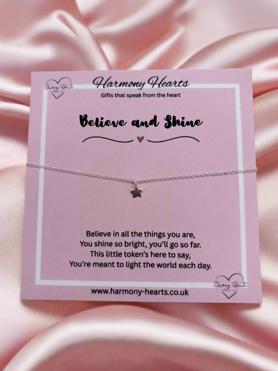 Bracelet with star charm on a pink card from Harmony Hearts