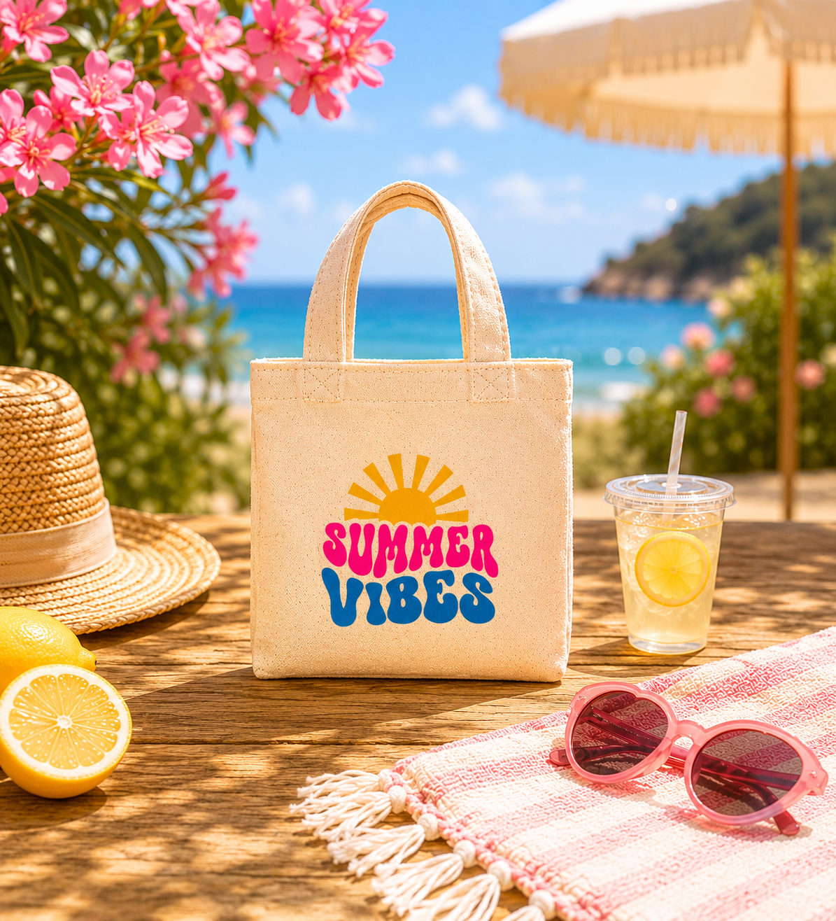 Beige tote bag with 'Summer Vibes' text on a table by the sea with sunglasses, lemonade, and flowers.