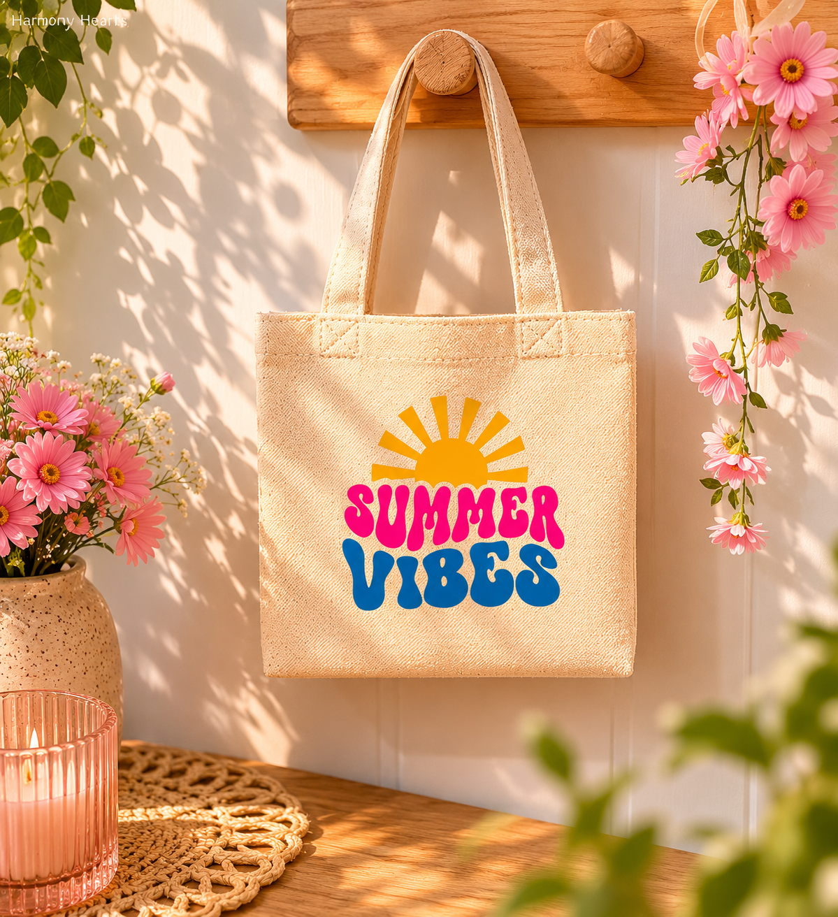 Beige tote bag with 'Summer Vibes' design hanging on a wooden hook with flowers and a candle in the background.