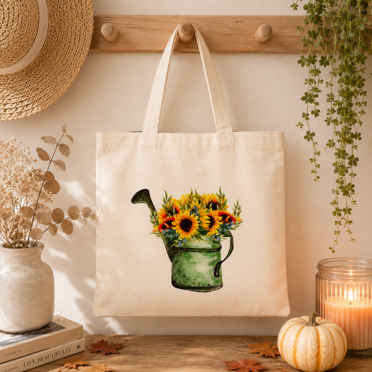 A cream canvas tote bag hanging on a wooden peg, featuring a printed design of a green watering can filled with yellow sunflowers. The bag is styled in a warm, autumnal home setting with a straw hat, a small vase of dried leaves, a lit candle, a mini pumpkin, and a trailing green plant.