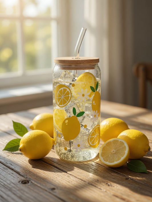 Glass of lemon water with lemons on a wooden surface near a window