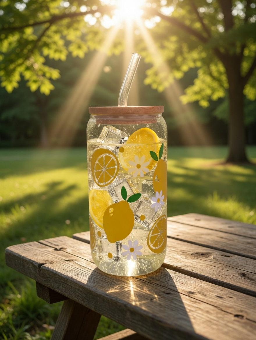 Glass of lemonade with a straw on a wooden table outdoors