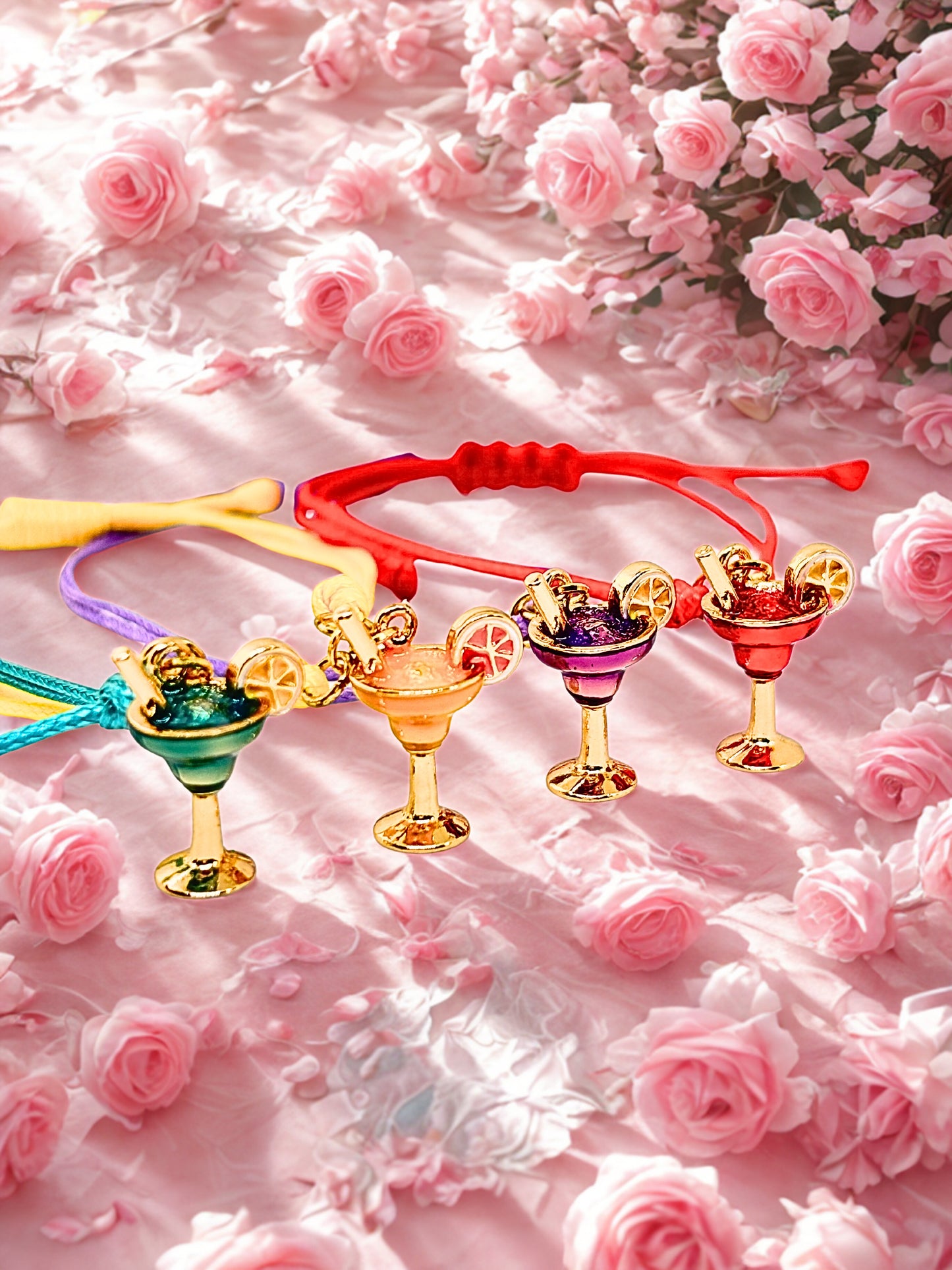 Colorful drink-themed cocktail charm bracelets on a pink floral background