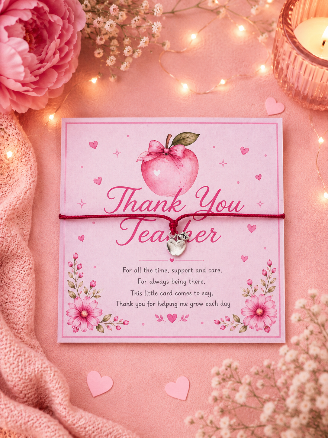 Bracelet on a Pink 'Thank You Teacher' card with decorative elements on a pink background with flowers and lights.