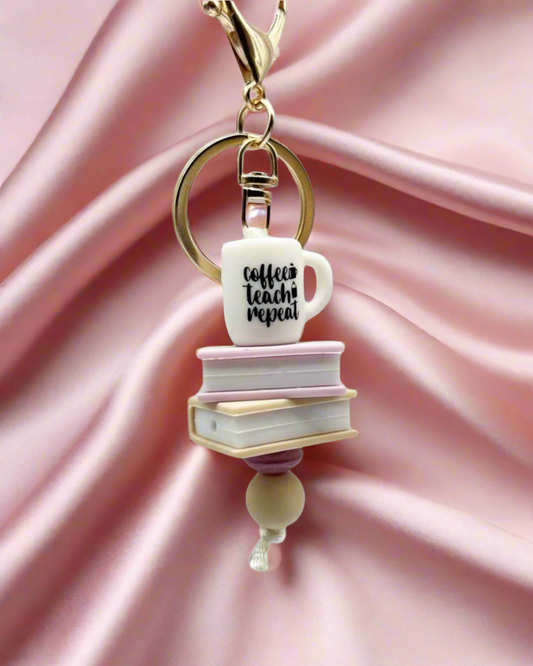 “Coffee. Teach. Repeat.” Teacher Keychain with Coffee Mug & Book Charms – Thoughtful Teacher Appreciation Gift

