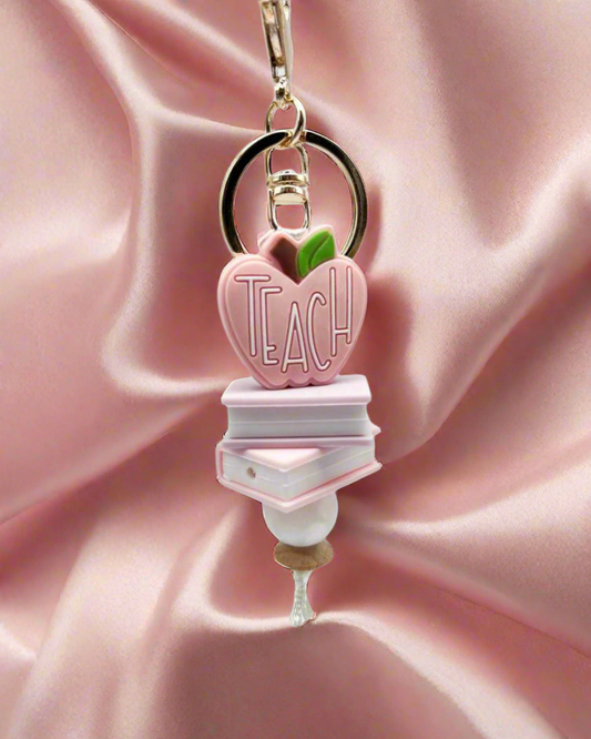 Pink Apple “Teach” Keychain with Book Charms & Tassel – Thoughtful Teacher Appreciation Gift

