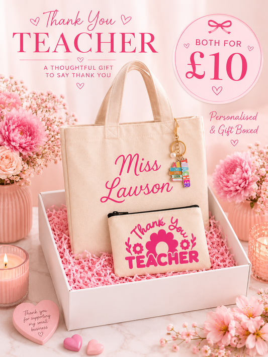 Teacher appreciation gift set with tote bag and pouch, surrounded by pink flowers and candles.
