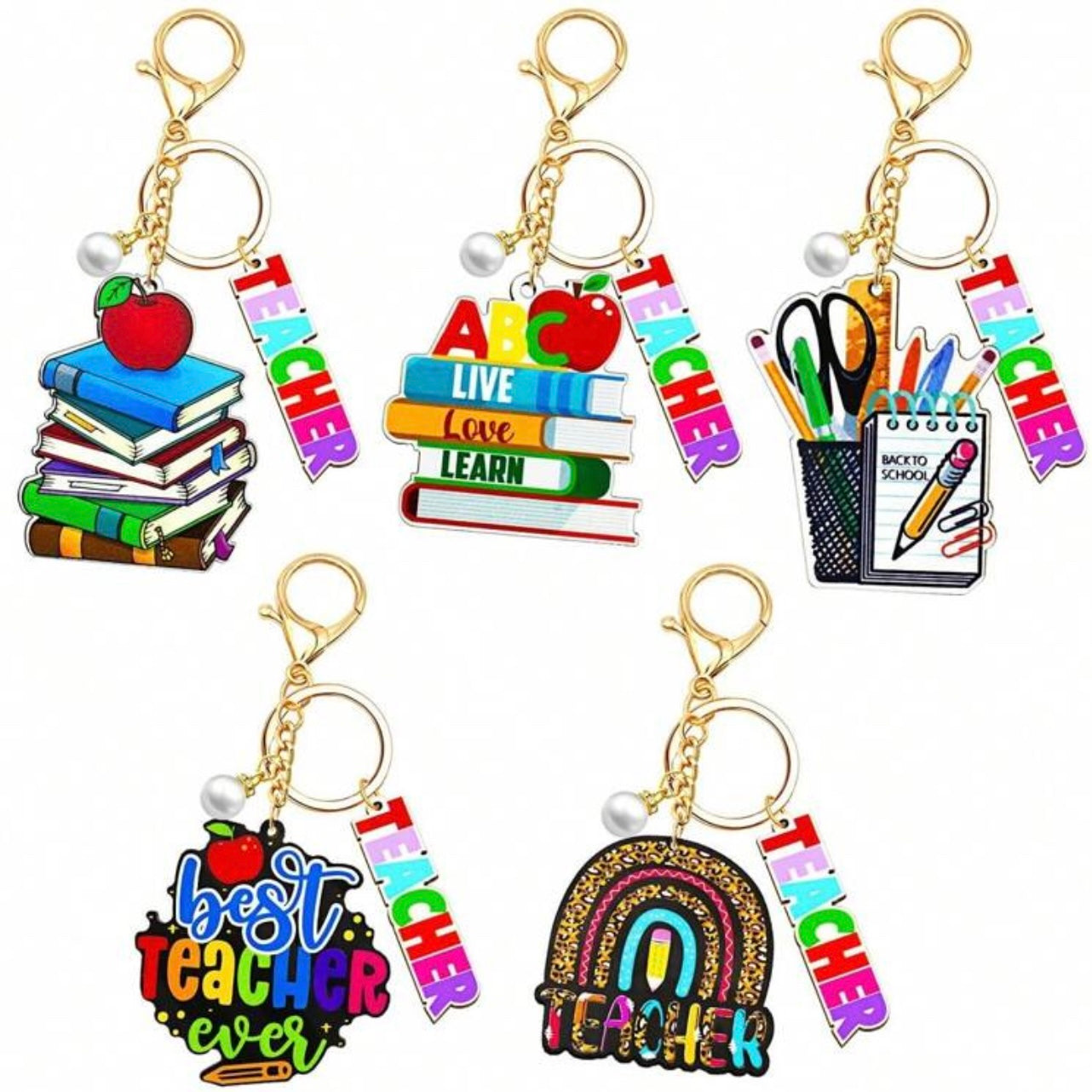 A collection of colorful teacher appreciation keychains with various designs, including books, pencils, and a rainbow, with a 'Best Teacher Ever' charm in the center.