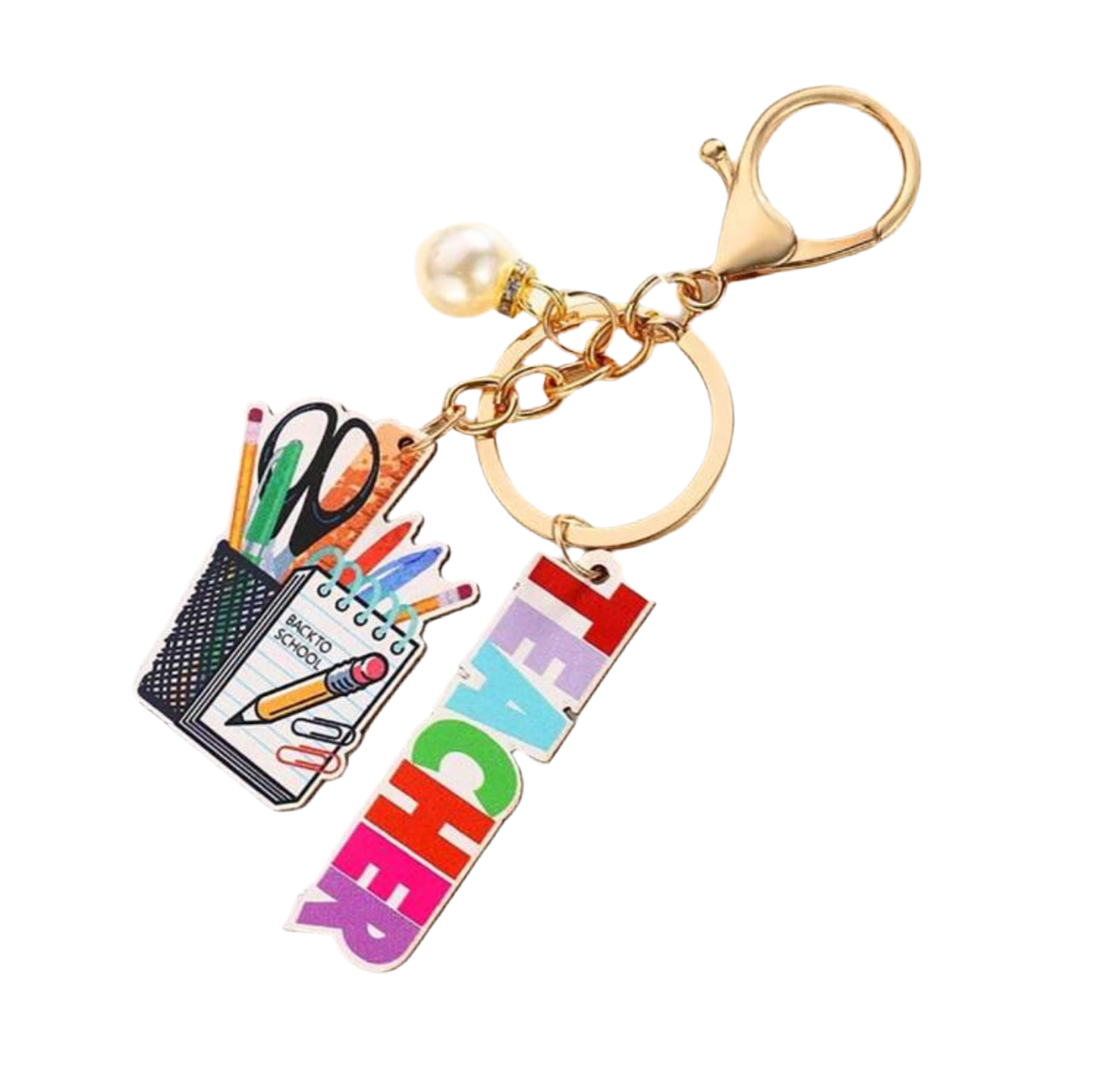 A collection of colorful teacher appreciation keychains with various designs, including books, pencils, and a rainbow, with a 'Best Teacher Ever' charm in the center.