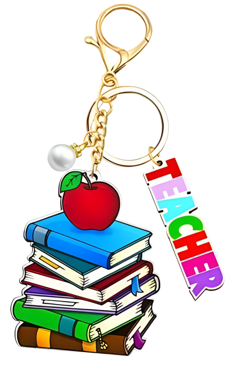 A collection of colorful teacher appreciation keychains with various designs, including books, pencils, and a rainbow, with a 'Best Teacher Ever' charm in the center.