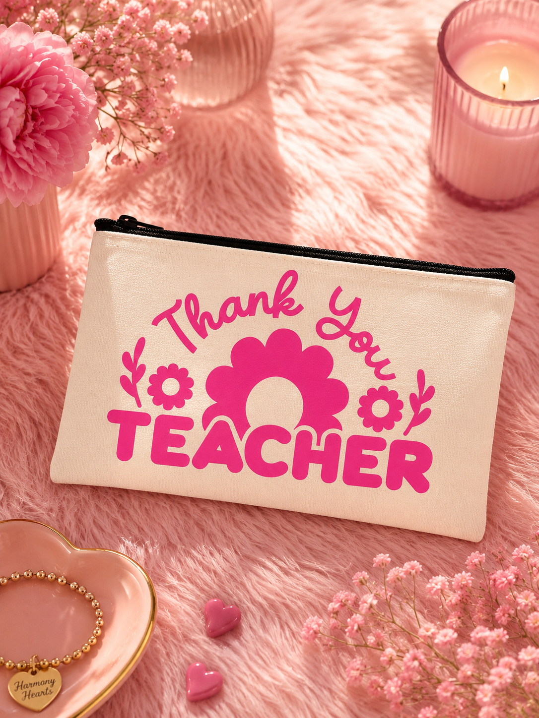 Beige pouch with 'Thank you teacher' text on a pink surface with flowers and a candle.