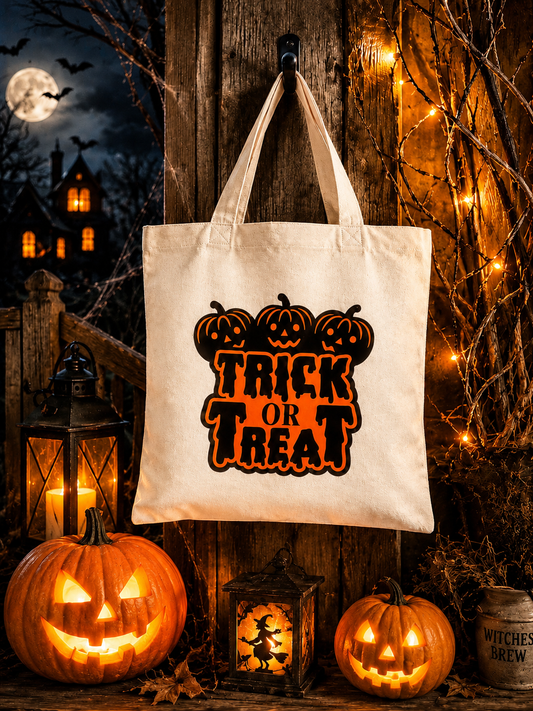 A cream canvas tote bag with a 'Trick or Treat' pumpkin graphic hangs on a rustic wooden fence. The scene is decorated for Halloween with glowing jack-o'-lanterns, lanterns, string lights, and a spooky haunted house in the background.