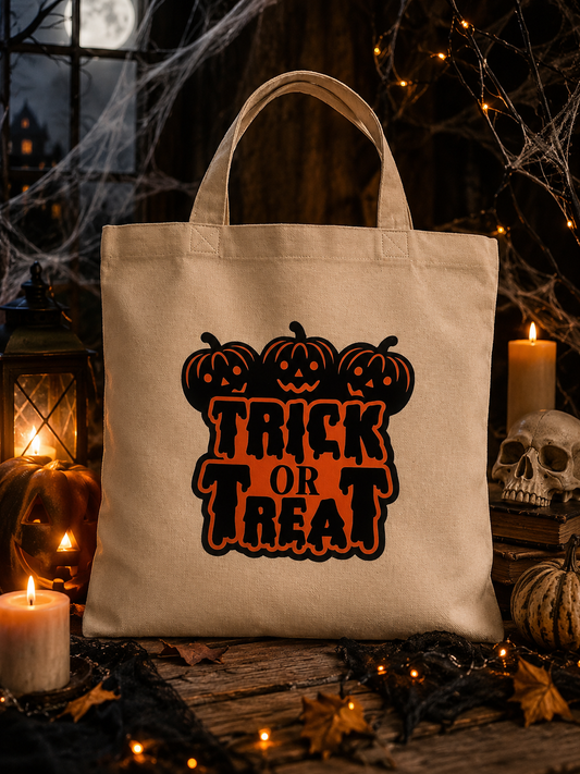 A beige canvas tote bag with a Halloween graphic reading 'TRICK OR TREAT' in black and orange lettering, surrounded by pumpkins, candles, cobwebs, and autumn leaves in a dark themed setting.