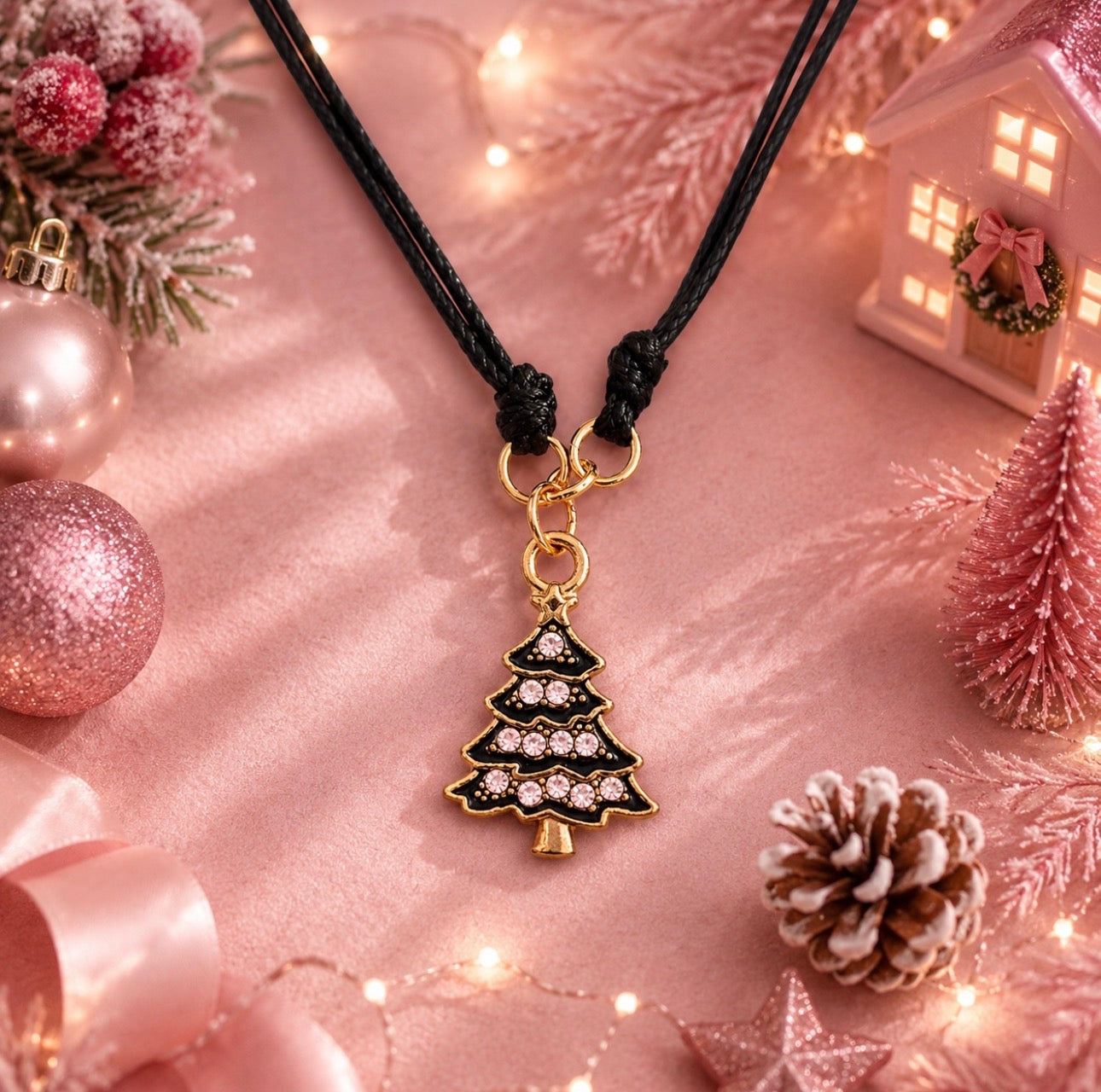 A Christmas tree charm bracelet with a black and gold design, embellished with clear rhinestones, hanging on a black cord. The necklace is styled in a festive holiday setting with pink ornaments, a miniature house, and warm fairy lights on a pink background.