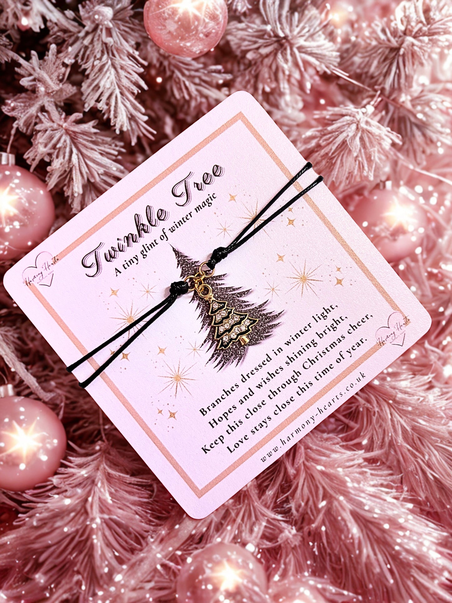 Black and gold christmas tree charm bracelet on a Twinkle Tree card