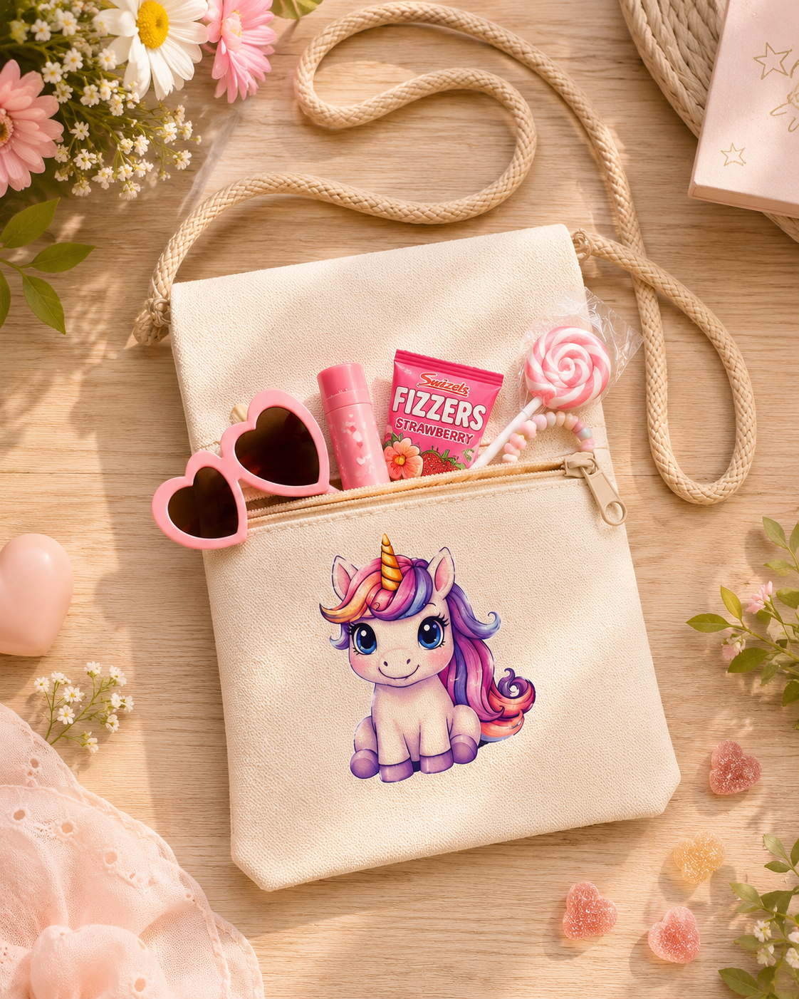 A cream canvas shoulder bag with a rope strap, featuring a cute cartoon unicorn printed on the front pocket. The bag is styled with pink accessories (heart-shaped sunglasses, lip balm, Fizzers candy, lollipop) on a light wooden table surrounded by flowers.