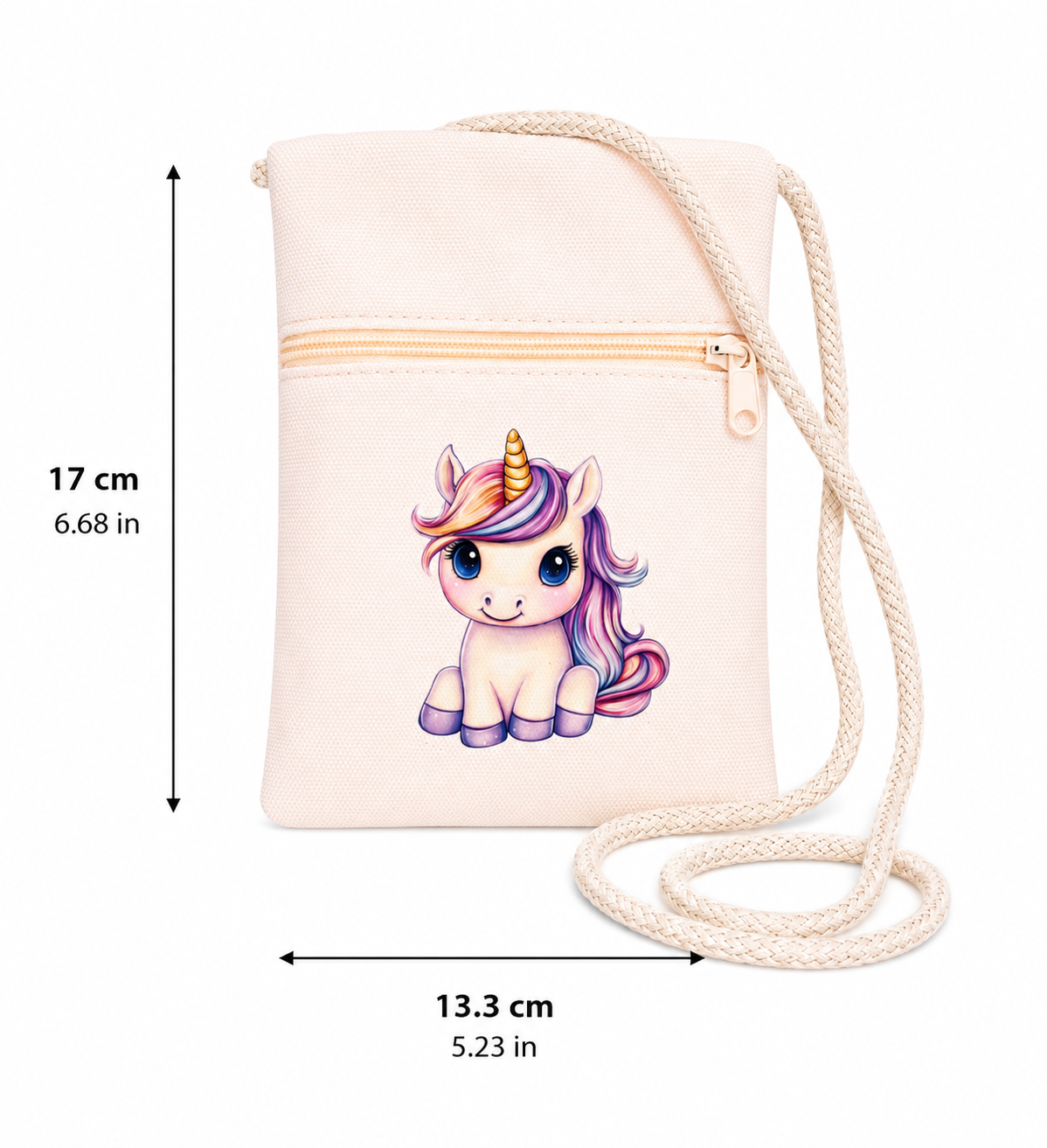 A cream-colored crossbody bag with a printed cartoon unicorn on the front, featuring a thick cream rope strap and a zippered pocket. The image includes dimension lines indicating a height of 17 cm (6.