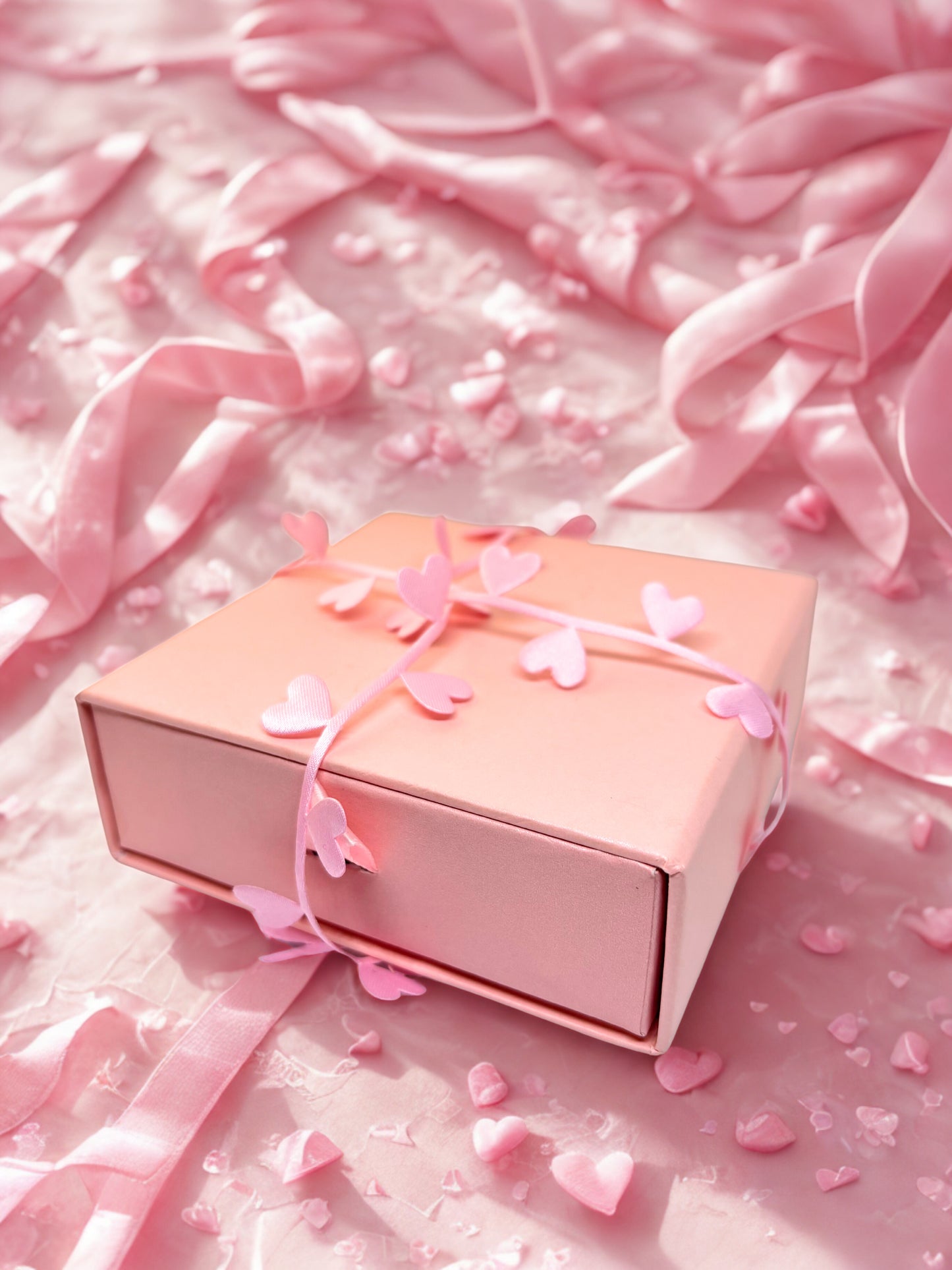 Pink gift box with ribbons and heart decorations on a pink fabric background