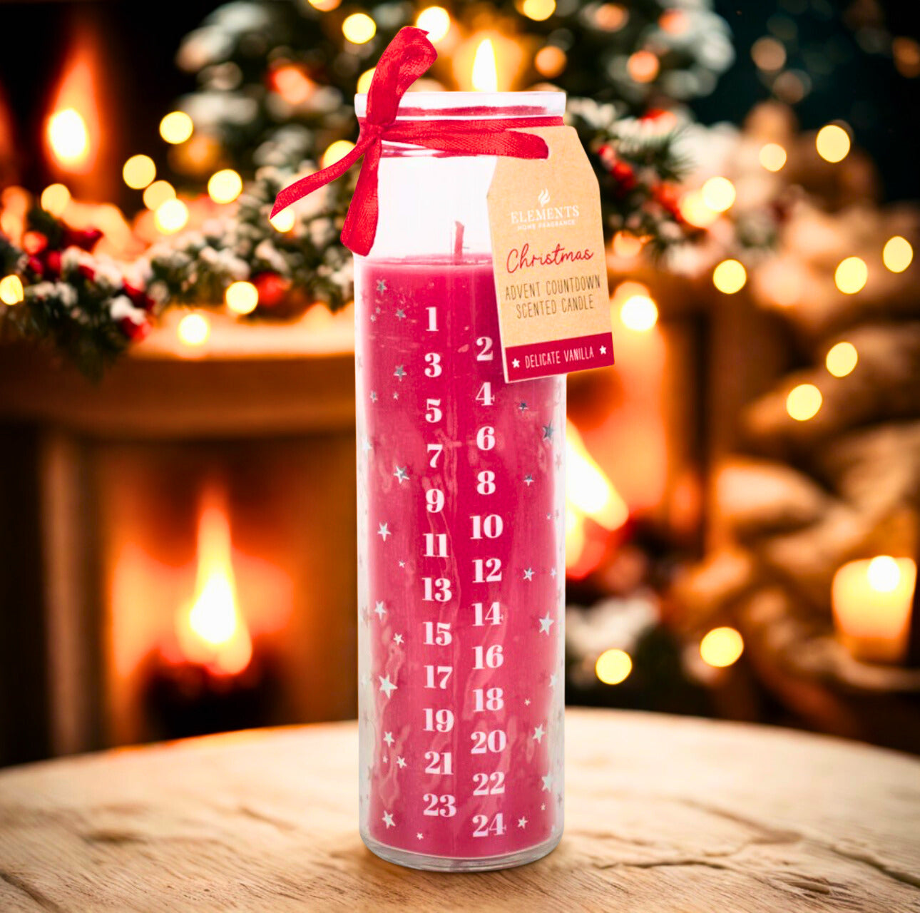 Tall glass advent candle with a cosy background
