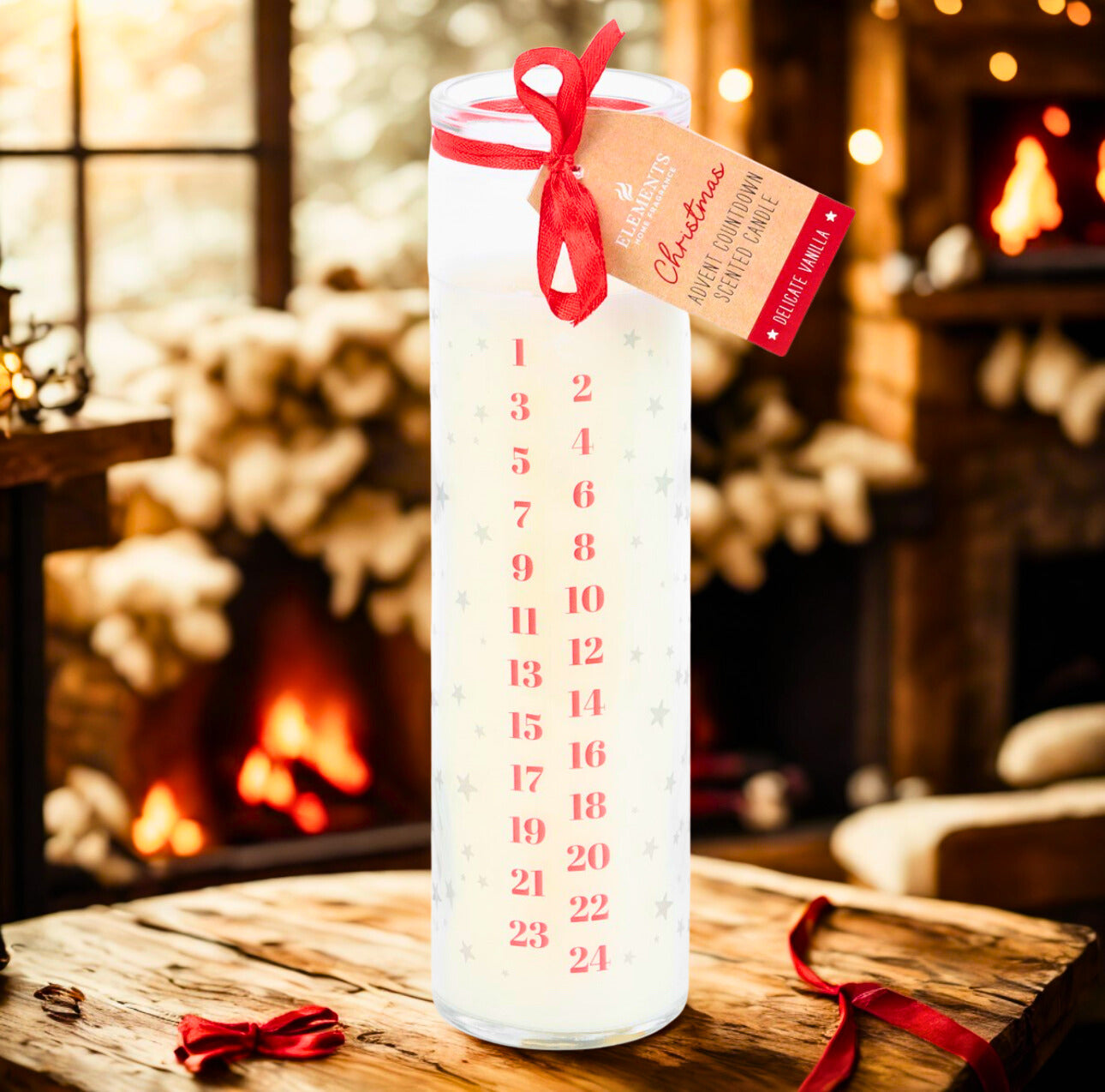 Tall glass advent candle in white with a cosy background