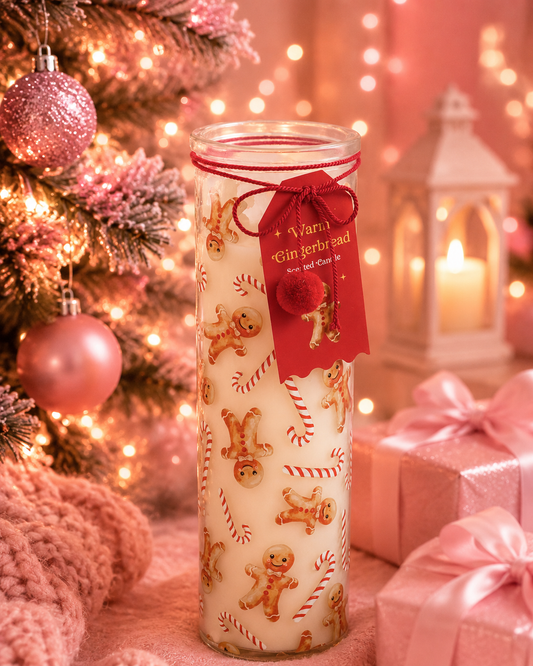 A tall glass jar candle with a red ribbon and tag reading 'Warm Gingerbread' stands on a pink surface in a festive holiday setting. The candle is decorated with gingerbread men and candy canes on a creamy off-white wax.