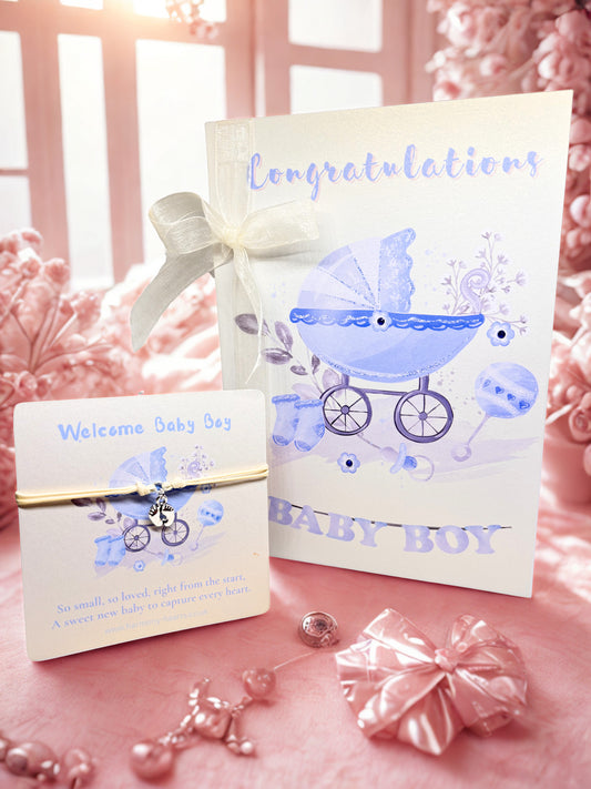 Baby Boy baby shower cards and bracelet with blue stroller design on a pink background