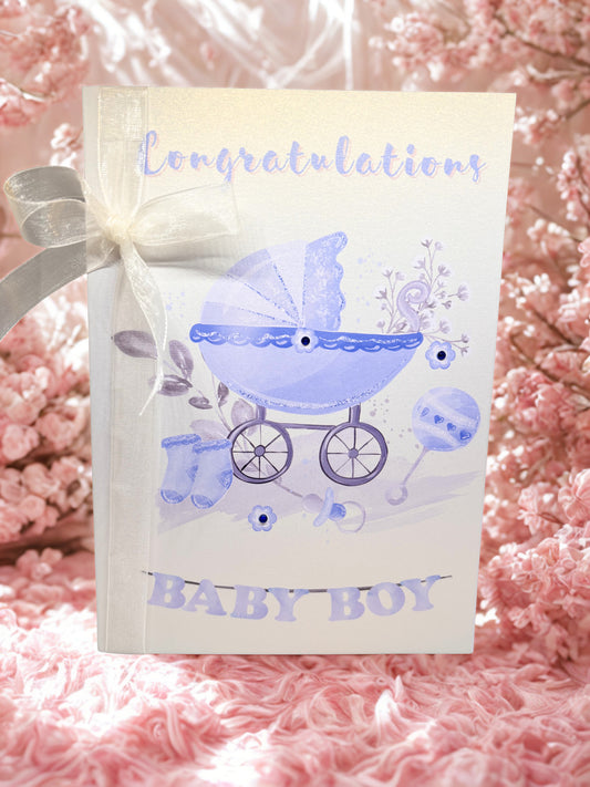 Baby boy baby shower card with blue pram illustration on a pink floral background
