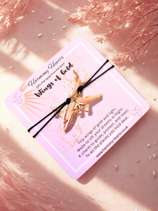 Gold aeroplane charm on a black cord with a pink card on a soft pink background