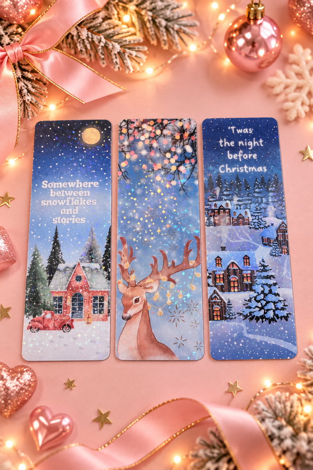 Three Christmas-themed bookmarks displayed on a pink background decorated with lights, pinecones, ribbons, and ornaments. The bookmarks feature winter and holiday illustrations including a red truck, a deer, and snowy houses, with festive text.