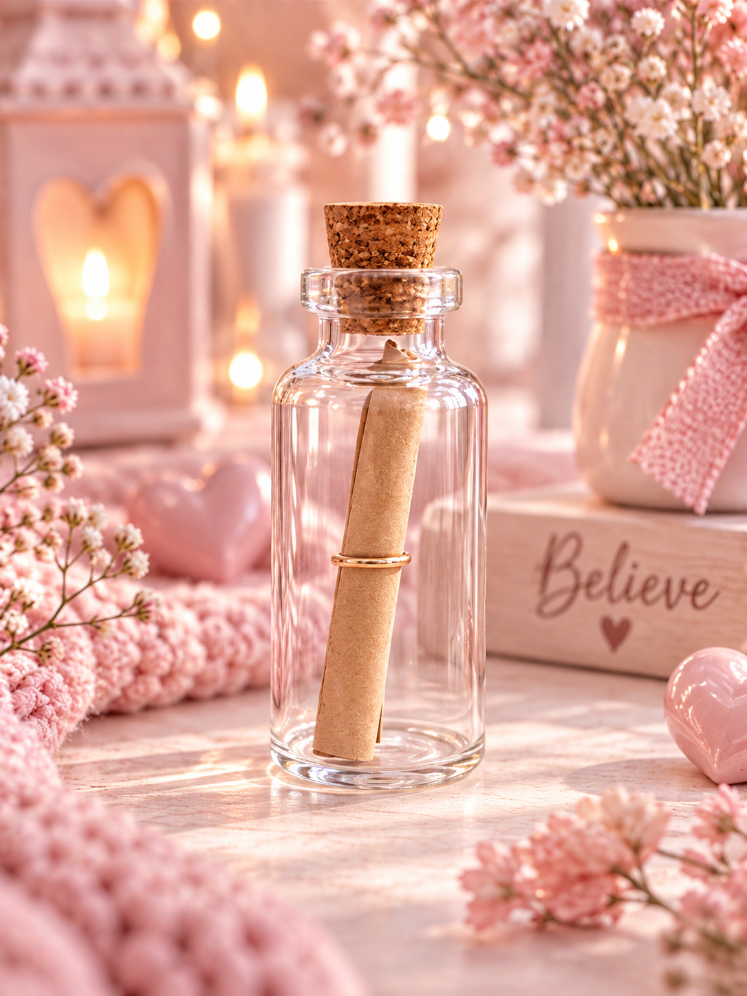 A clear glass bottle with a cork stopper containing a rolled parchment letter, styled on a tabletop with pink knit fabric, baby's breath flowers, a lit lantern, and a wooden box in a soft pink setting.