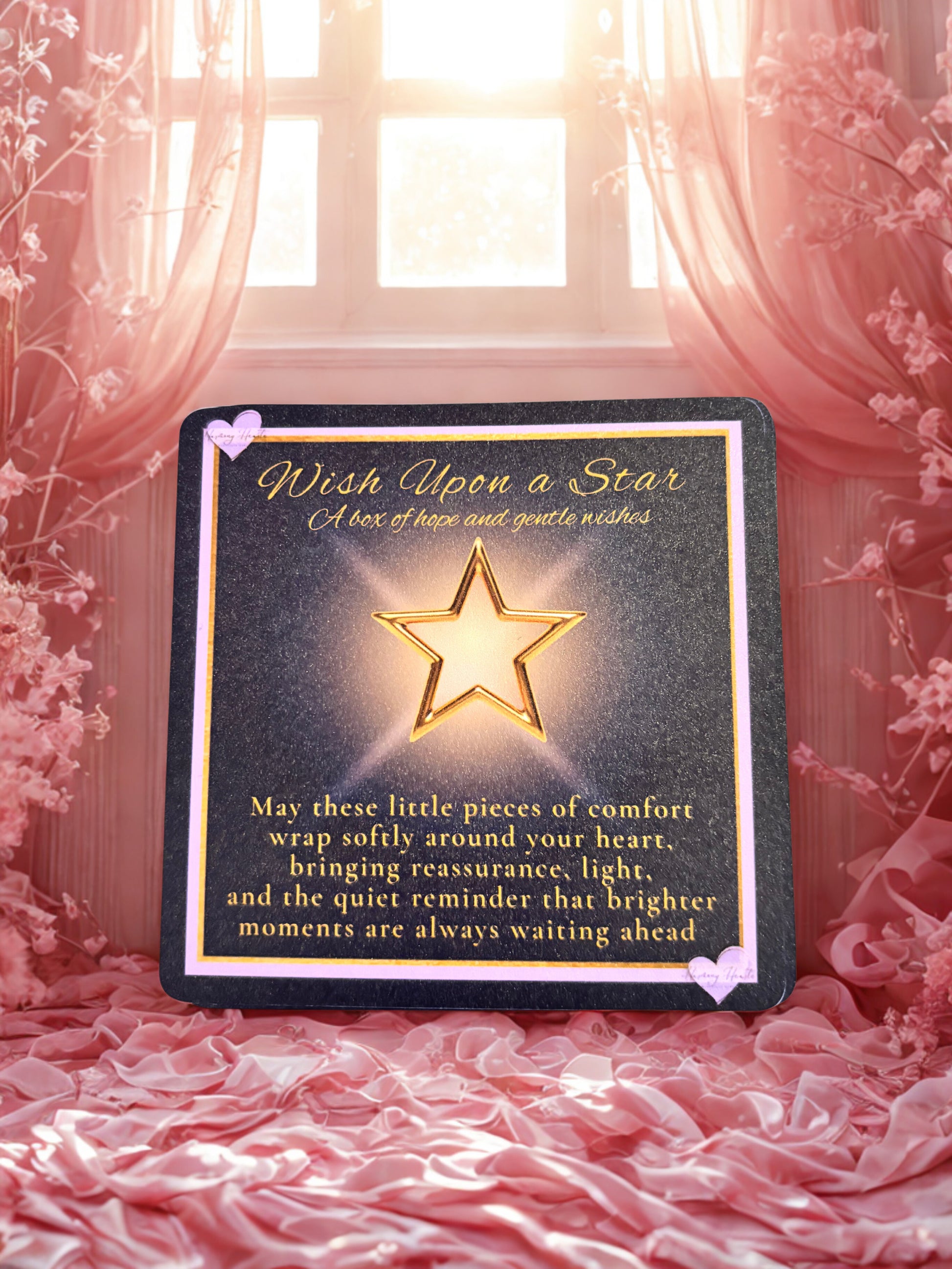 Decorative card with a star design and text on a soft pink fabric background