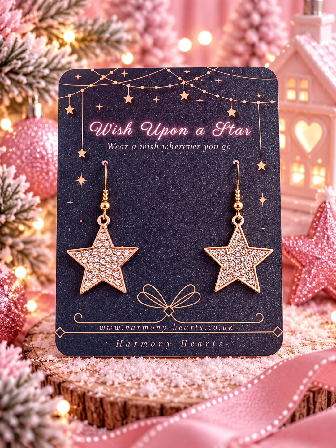 A pair of star-shaped dangling earrings with gold-toned metal and clear rhinestones, displayed on a dark navy card that reads 'Wish Upon a Star' and 'Harmony Hearts.' The card is photographed in a festive holiday setting with pink ornaments, lights, and a small house in the background.