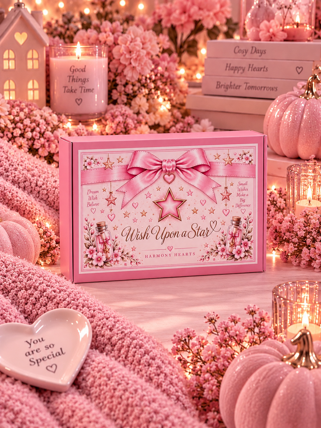 A pink gift box labeled 'Wish Upon a Star' by Harmony Hearts, styled in a cozy, warm pink setting with candles, pumpkins, and floral decorations.