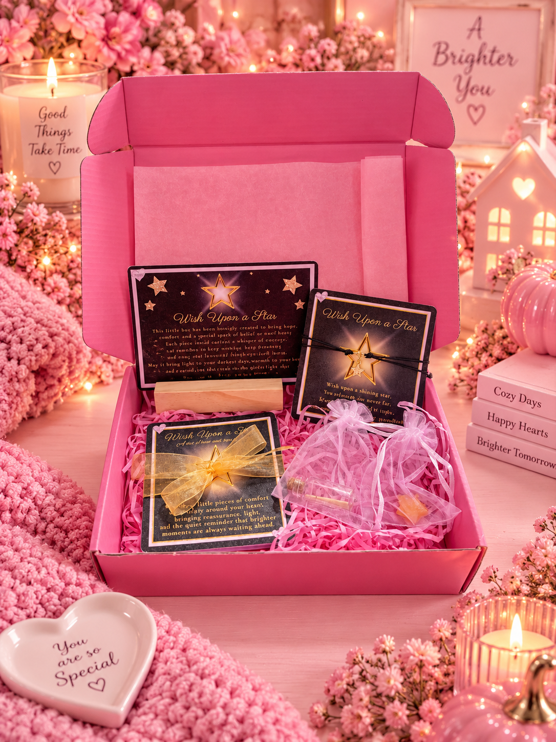 A pink gift box filled with star-themed cards, a star charm bracelet, affirmation cards, styled with pink candles, flowers, and cozy decorative props on a table.